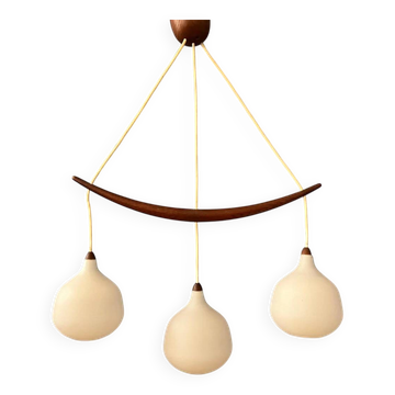 Teak wood opaline glass chandelier 512 by Uno & Östen Kristiansson for Luxus Sweden