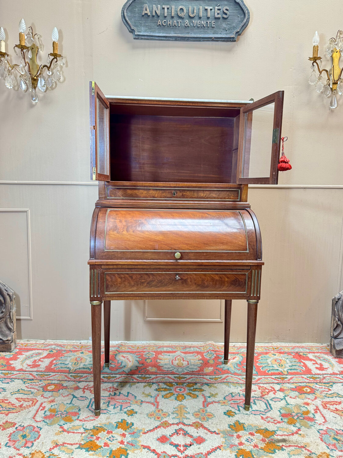 Louis XVI/18th century mahogany roll-top desk forming a display case