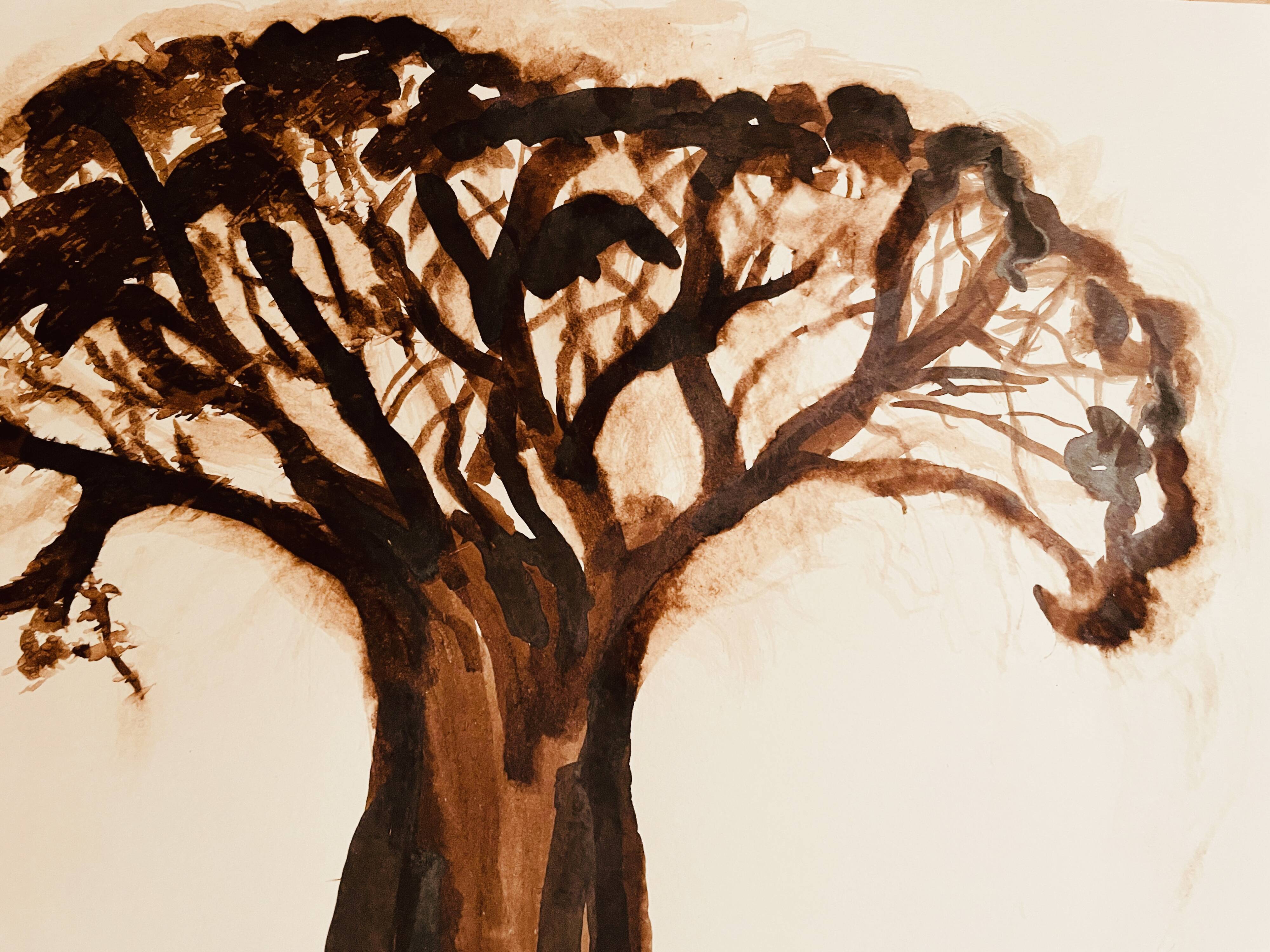 Signed monochrome watercolour painting of a baobab tree, South Africa.