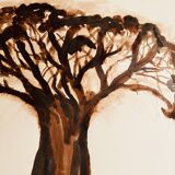 Signed monochrome watercolour painting of a baobab tree, South Africa.