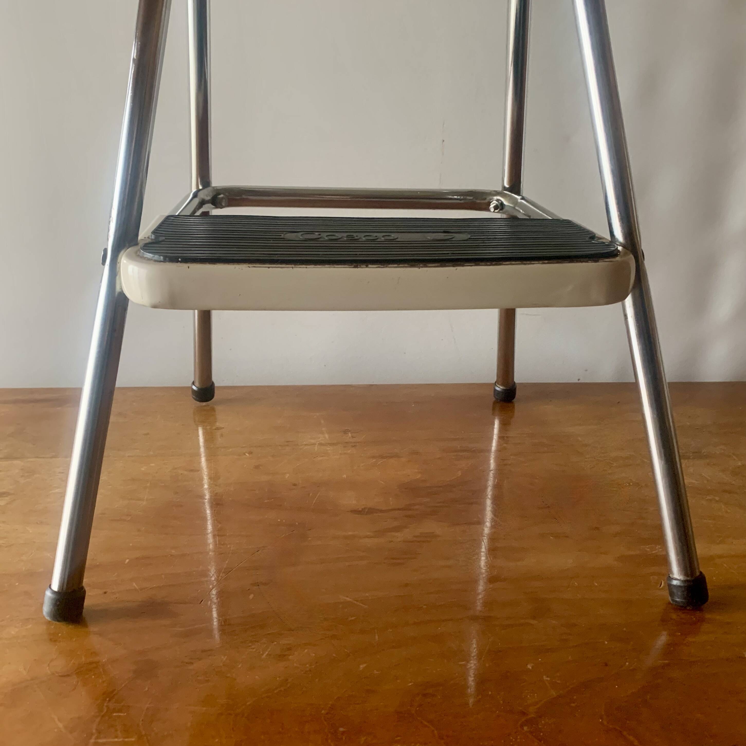 Vintage cosco step stool chair in chrome steel and white skai