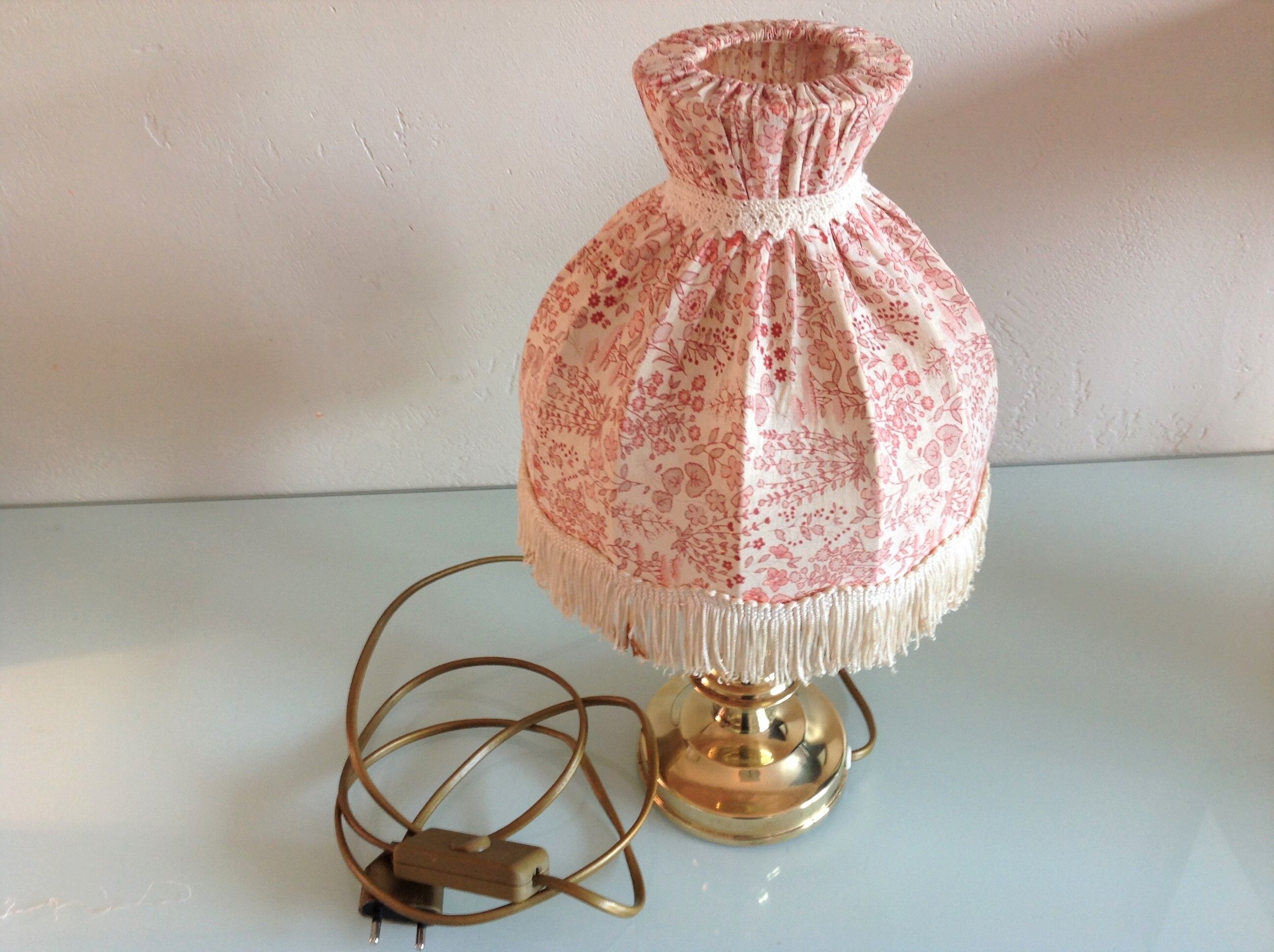 Brass bedside lamp and pink/vintage lampshade 60s-70s