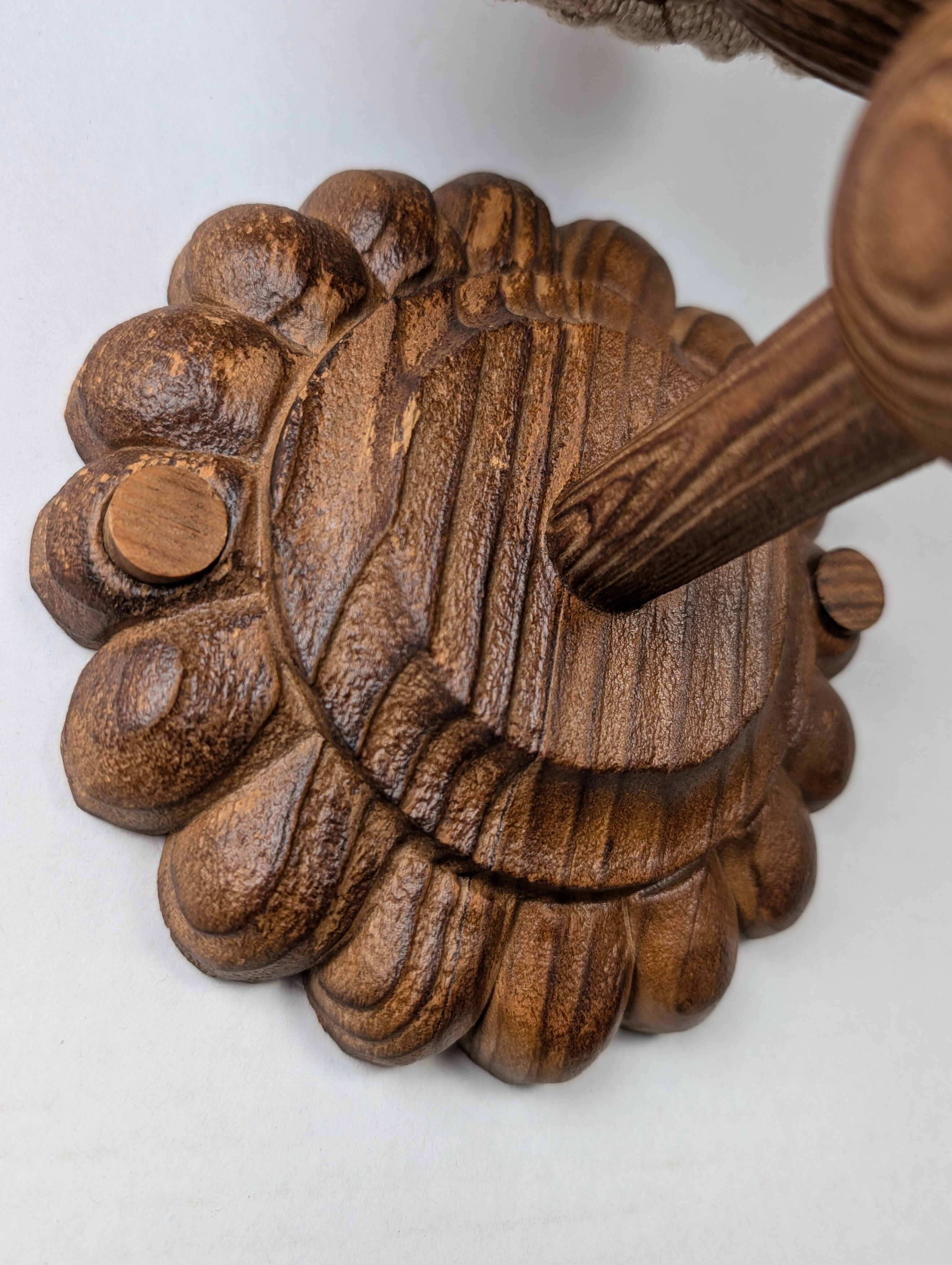 Pair of carved pine wall lights with jute shades, Swedish design, 1970s