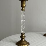 Pair of twisted metal and glass candlesticks