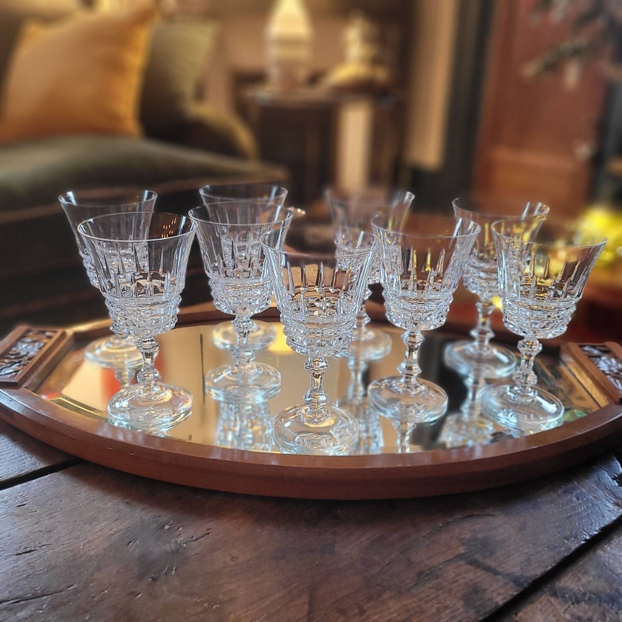 Set of 9 fine cut crystal stemmed glasses - France, circa 1950