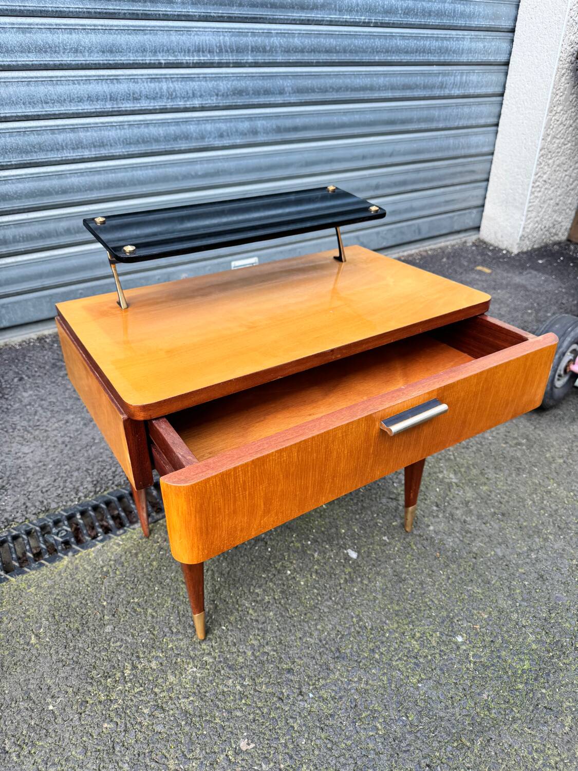 Vintage 1950s varnished glass shelf bedside table.