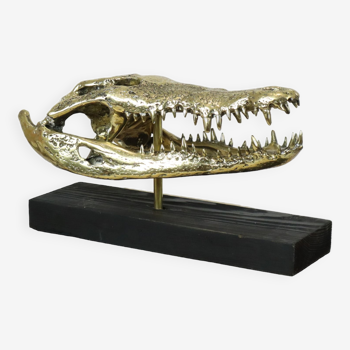 Grand Crâne Crocodile d'eau Salée Bronze Métal Base Bois Art 52cm