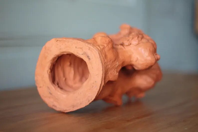 Sculpture signed Doloire, terracotta sculpture with 3 faces, candlestick sculpture, collection, interior decoration.