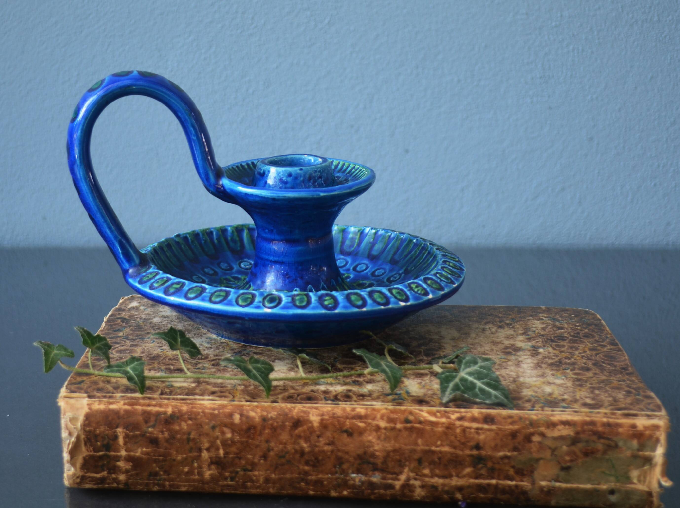 Mid Century Bitossi Aldo Londi Rimini Blue Chamber Candle Holder Painted in Blu