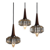 Three-flame ceiling light in ebony wood and glass vintage lamp