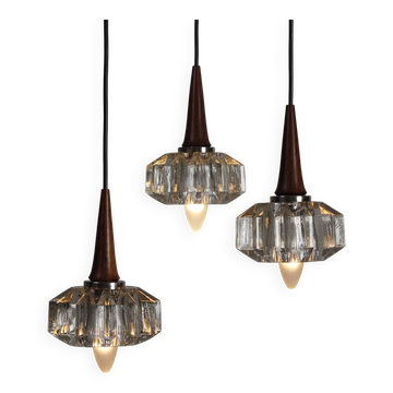 Plafonnier à trois flammes en bois d'ébène et lampe vintage en verre
