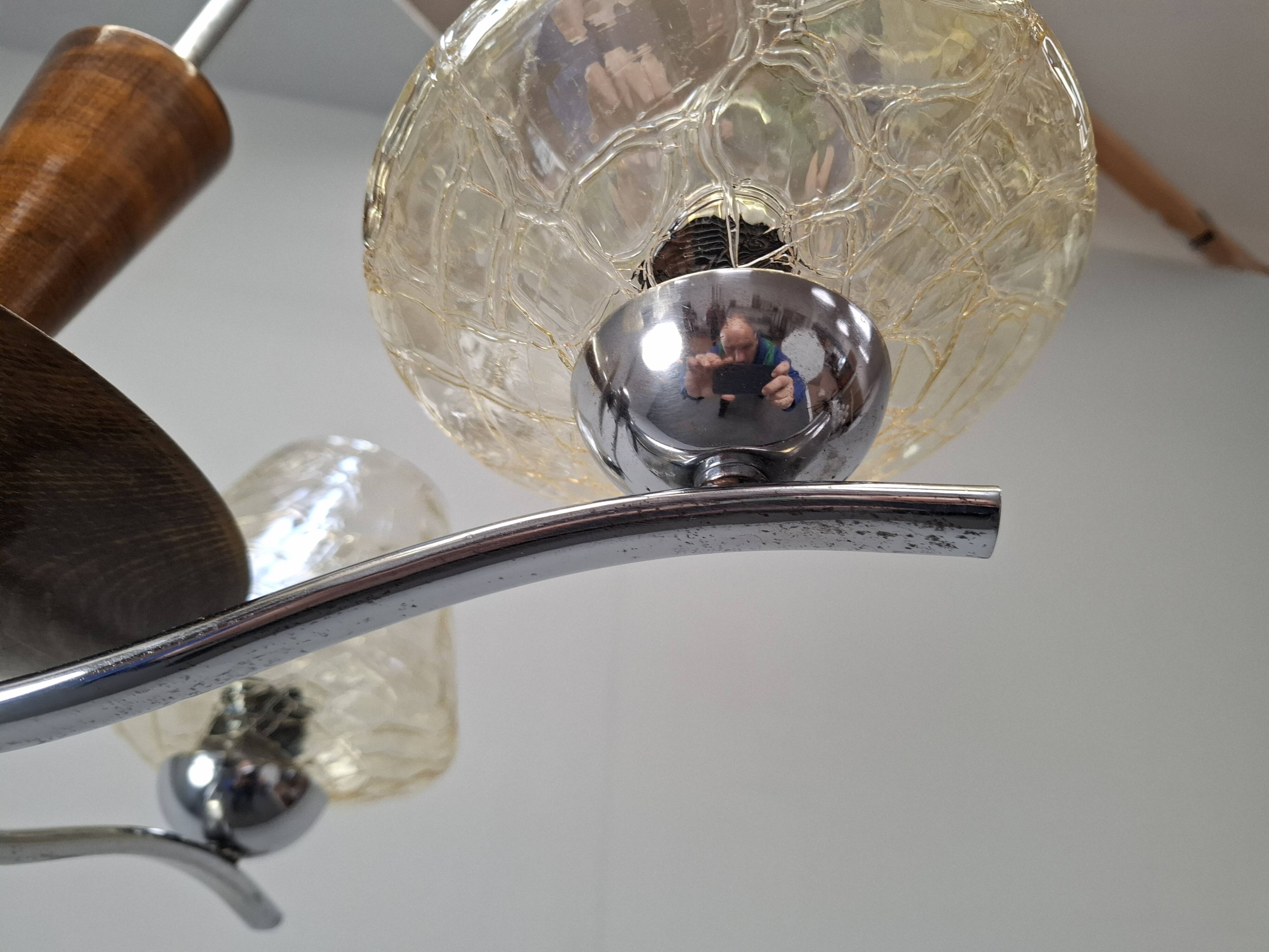1960s Napako Mid-Century Modern Czech Four-Arm Glass Wood Chrome Chandelier