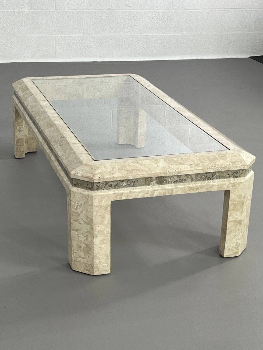 1980s coffee table in stone and glass marquetry