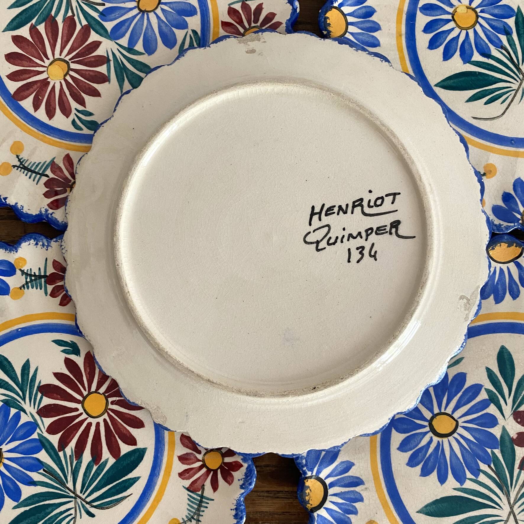 Henriot Quimper dessert plates, hand-painted earthenware.