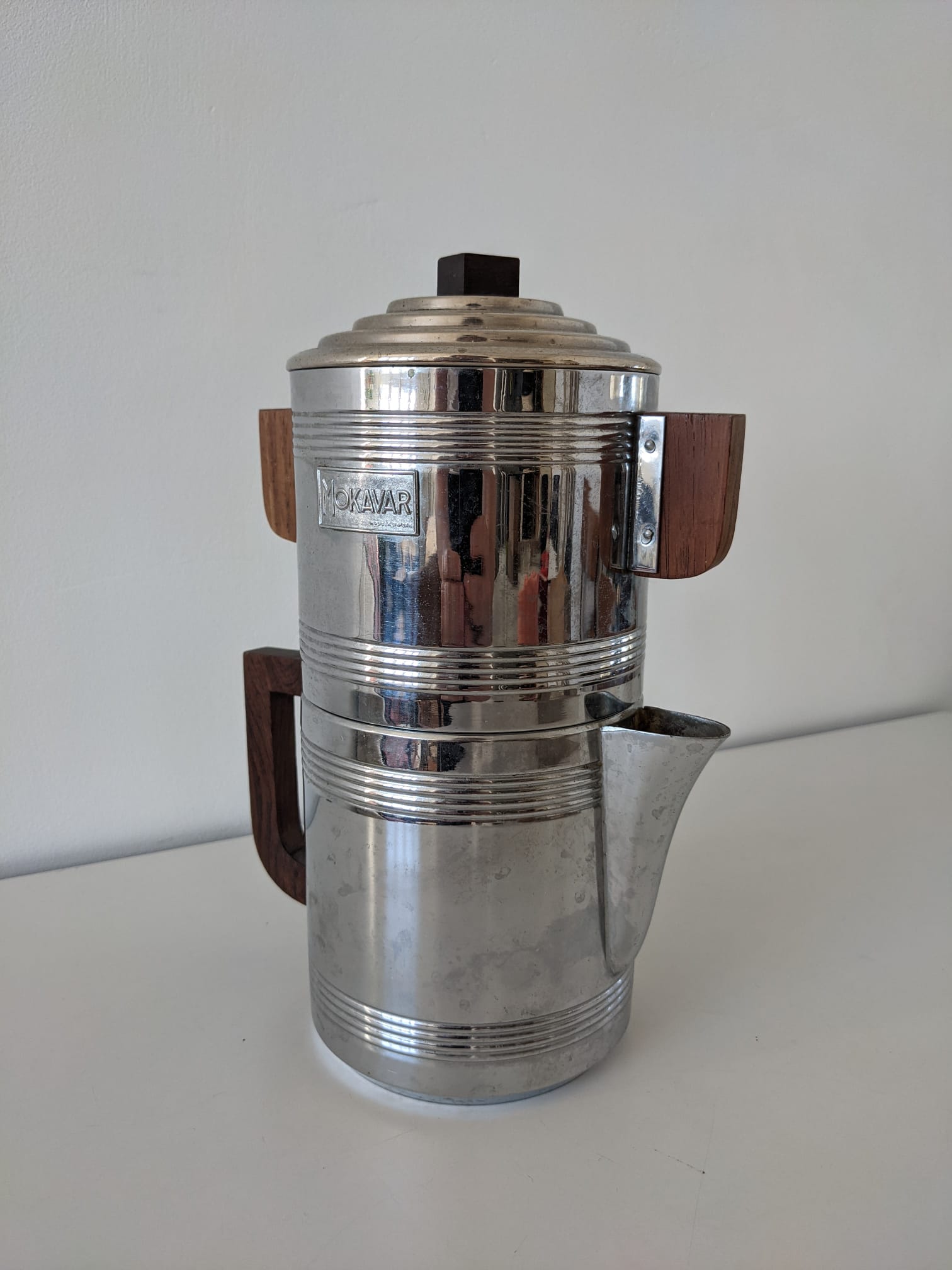 Mokavar metal and wood percolation coffee maker