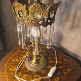 1960s lamp in bronze and brass with glass tear drop pendants, 38x18.