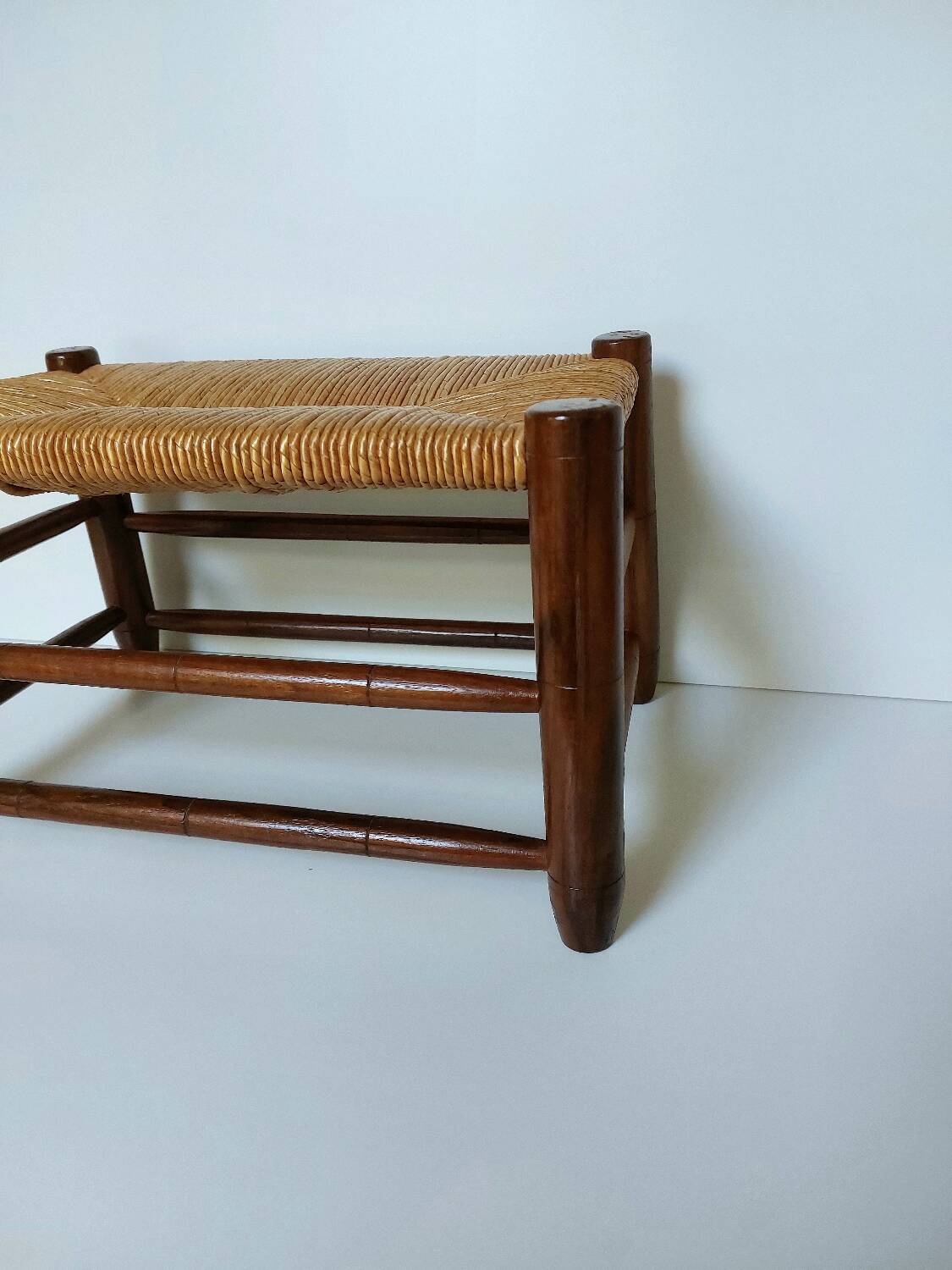 Vintage woven straw wooden stool