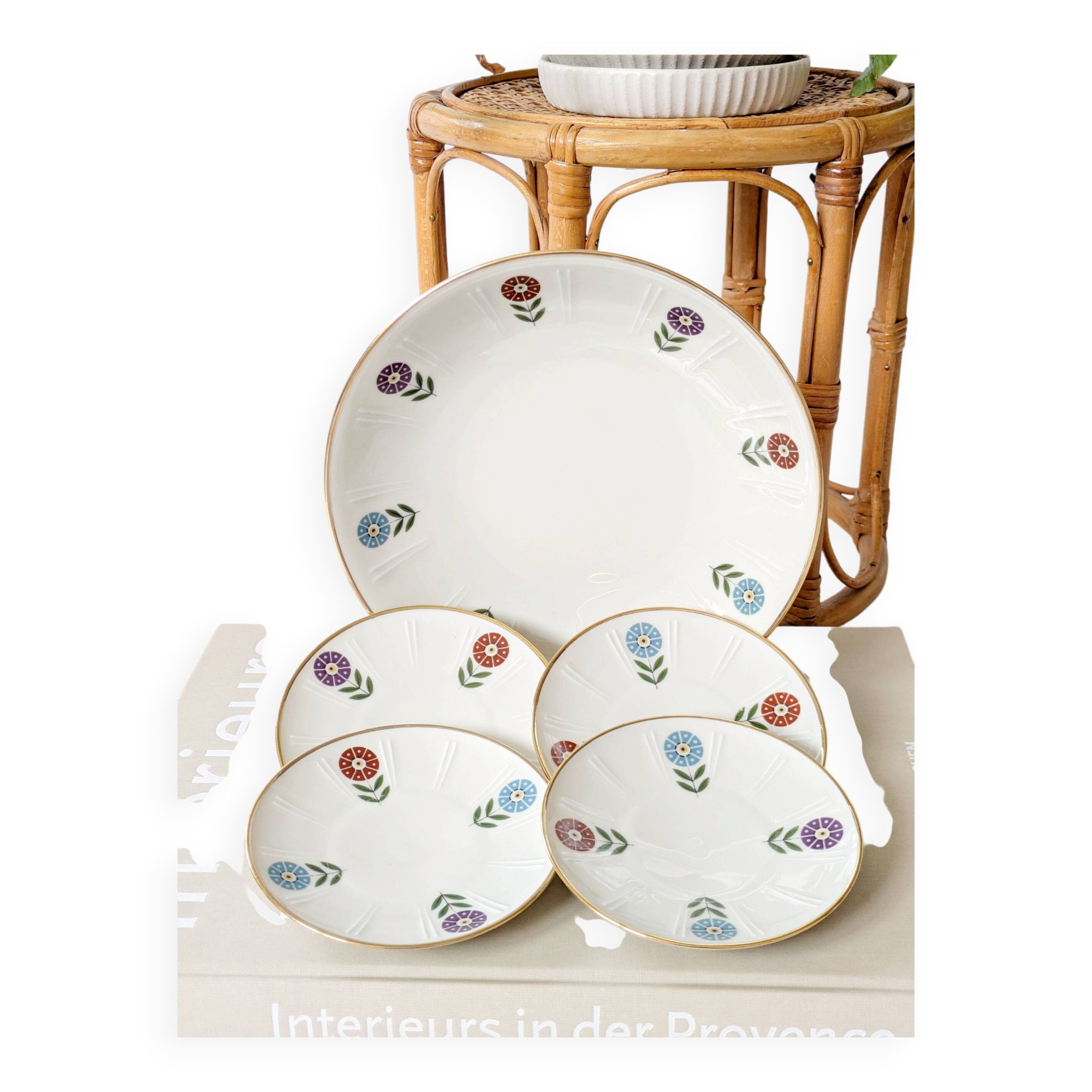 Set of 4 coasters + 1 plate, Winterling Bavaria porcelain, 1960s