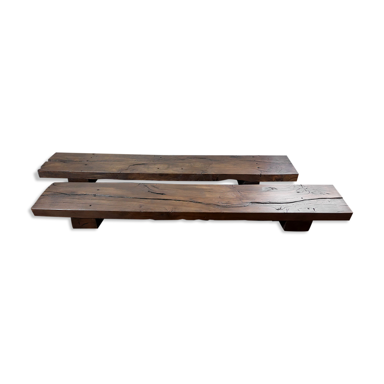 pair long coffee table solid wood brutalist