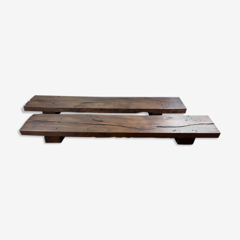 pair long coffee table solid wood brutalist