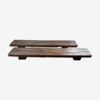 Paire longue tables basse bois massif brutaliste