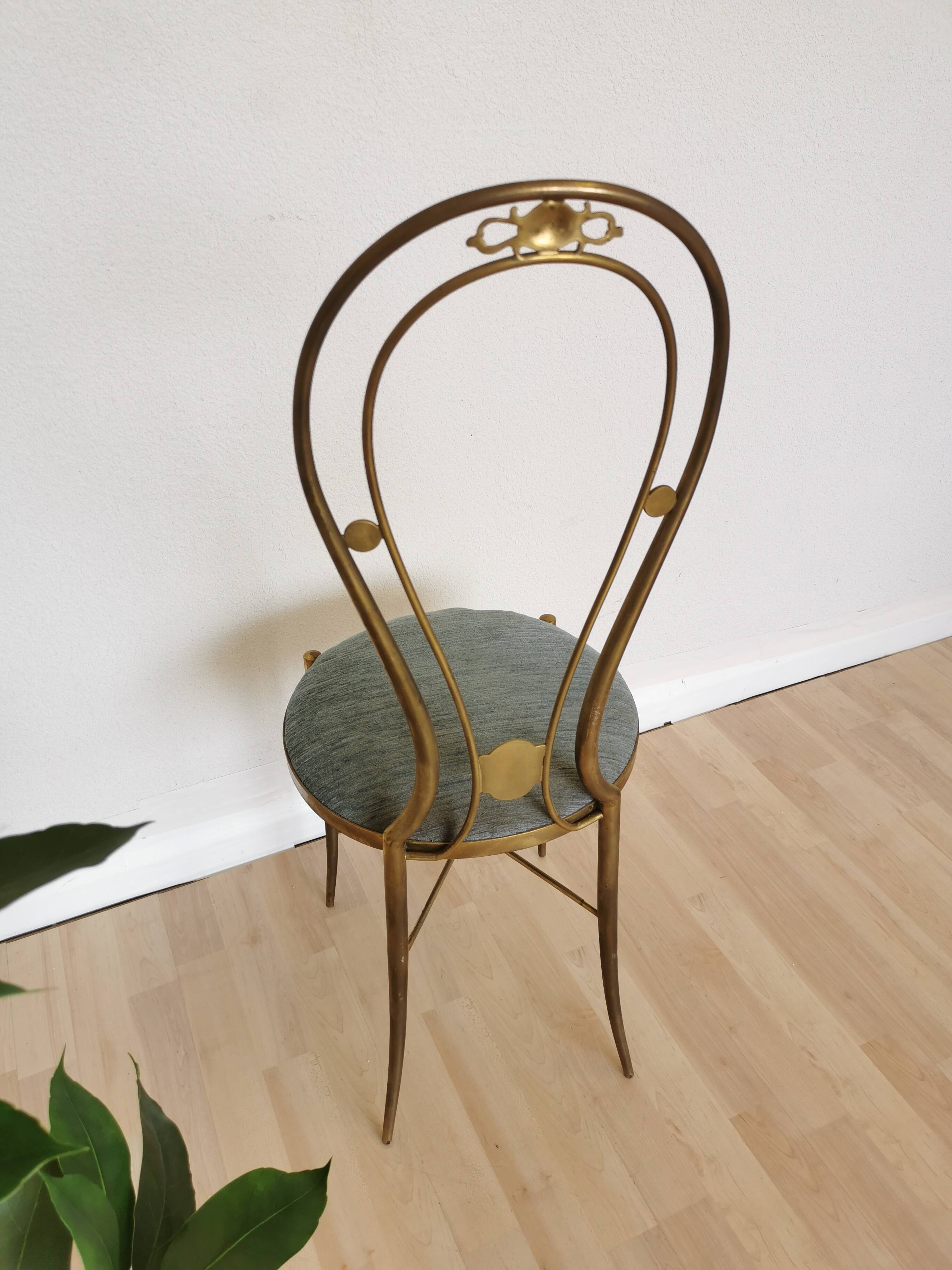 Vintage Paolo Buffa Brass Vanity Chair: Chiavari Style, Blue Fabric, 1950s