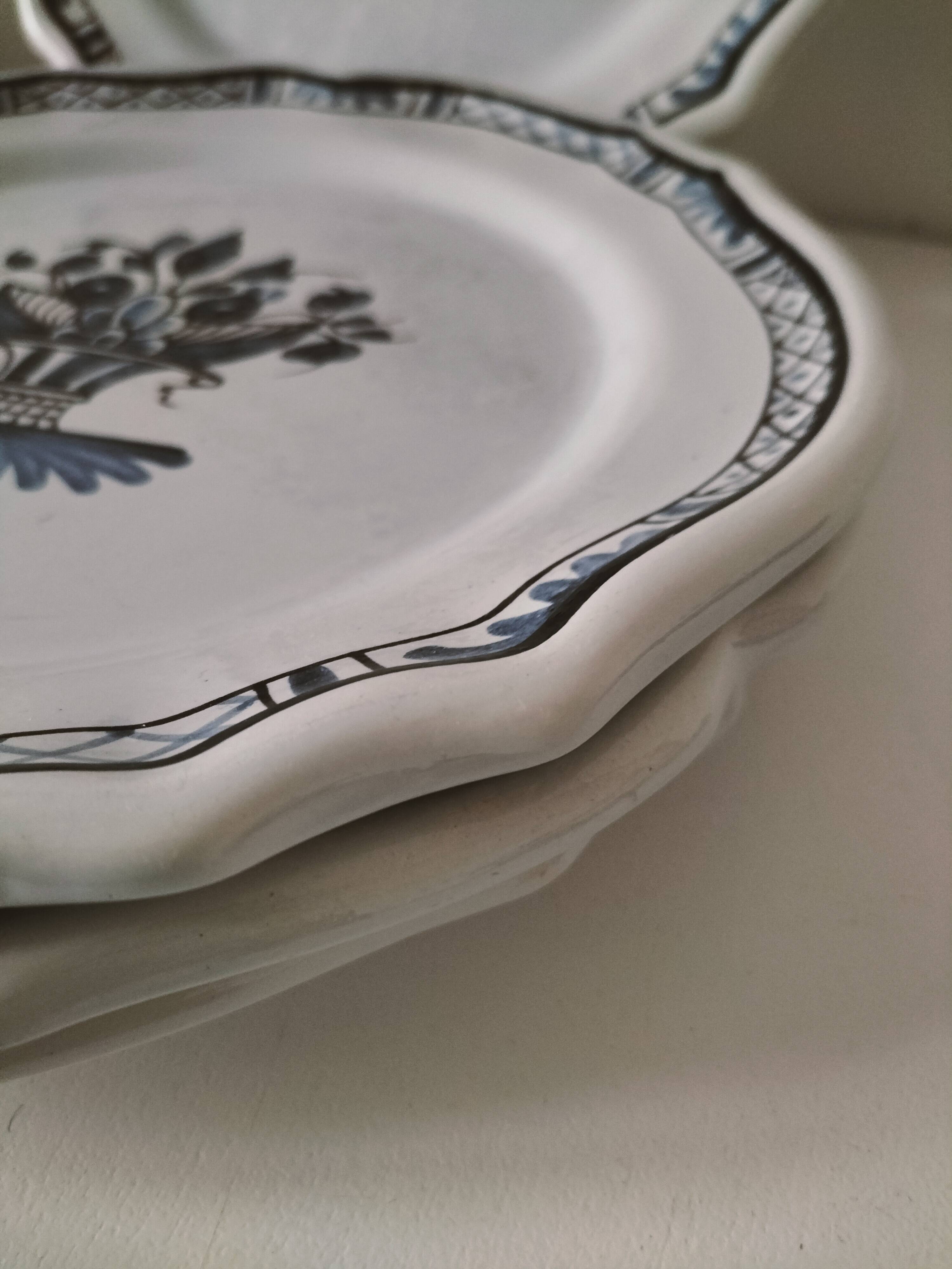 4 earthenware plates with old Rouen decoration, handmade blue floral basket