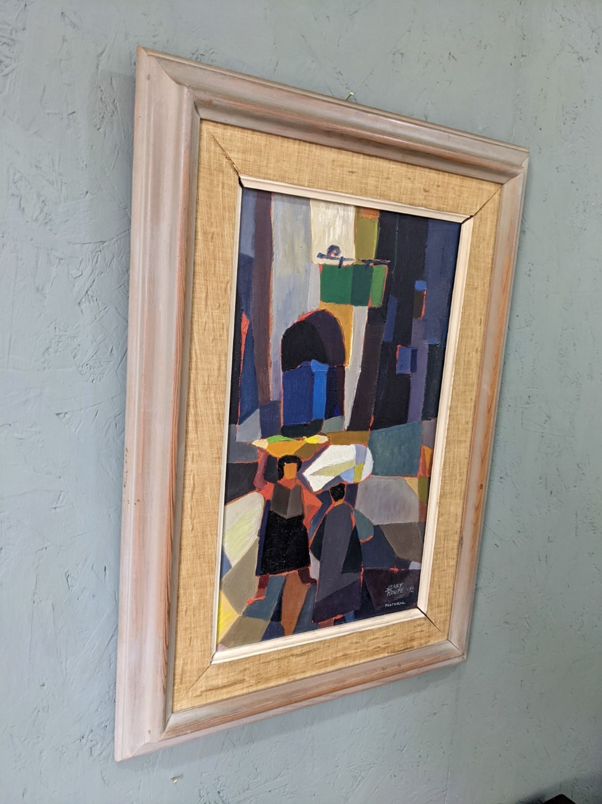 Mid-century modern swedish "streets of portugal" street scene oil painting, framed