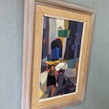Mid-century modern swedish "streets of portugal" street scene oil painting, framed