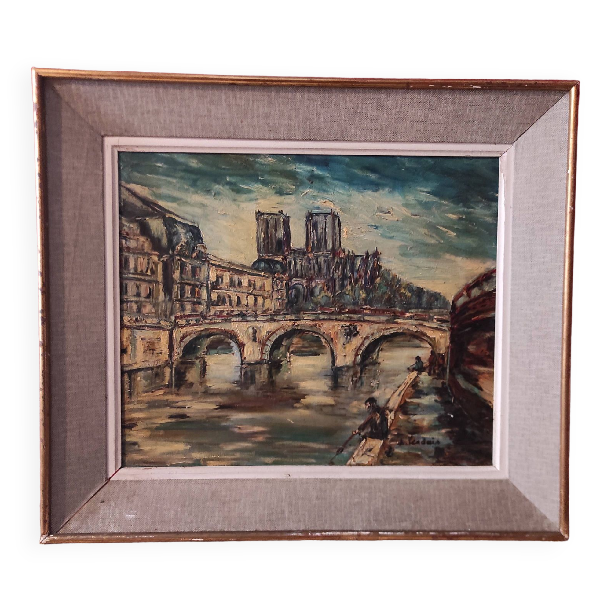 Vintage French oil painting on canvas of Paris, signed Lendais