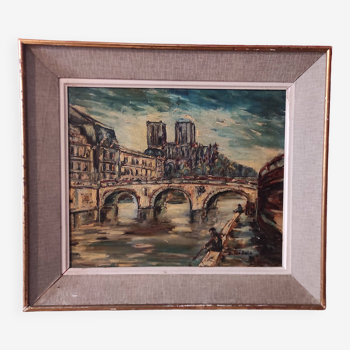 Vintage French oil painting on canvas of Paris, signed Lendais