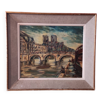 Vintage French oil painting on canvas of Paris, signed Lendais