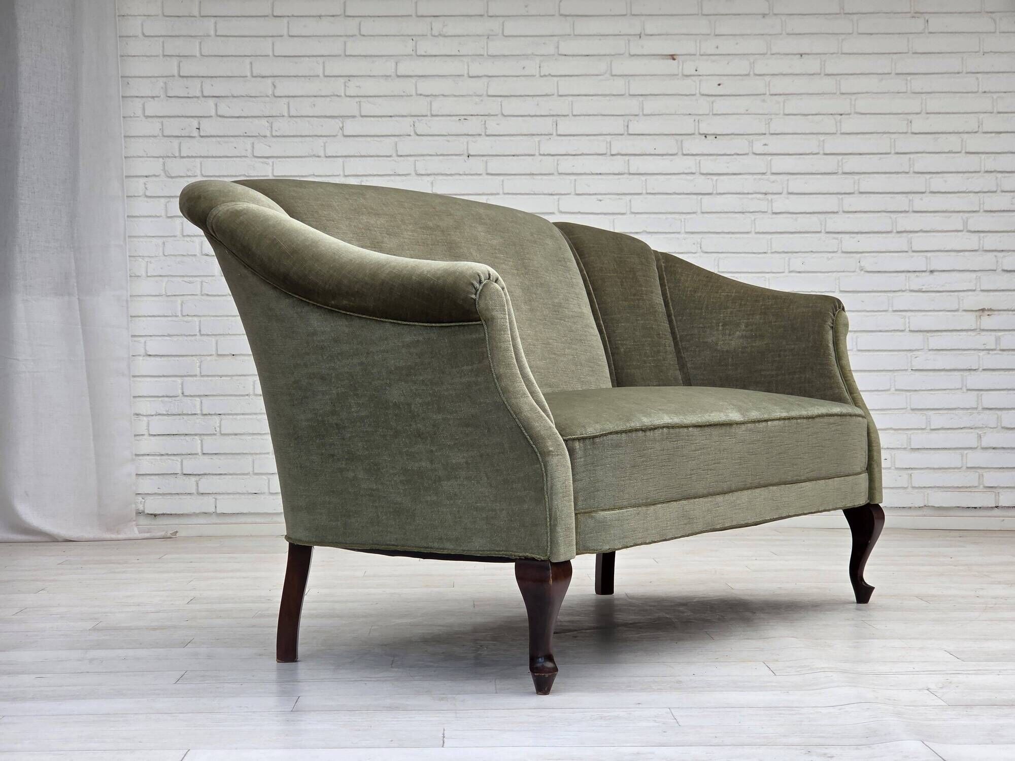 1960s, Danish 2-seater sofa, green furniture velour, beech wood.