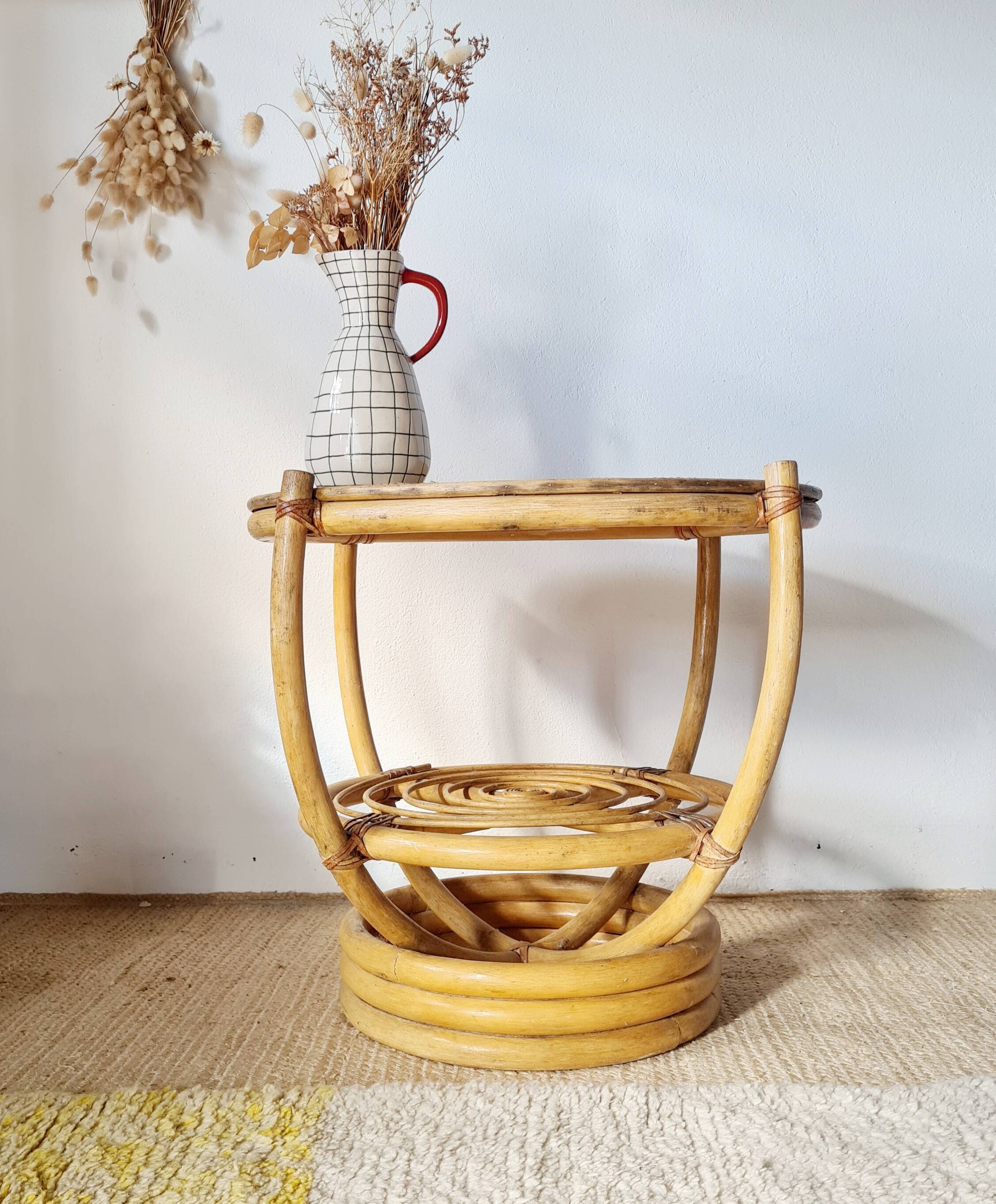 Vintage rattan side table with two round tops – 1960