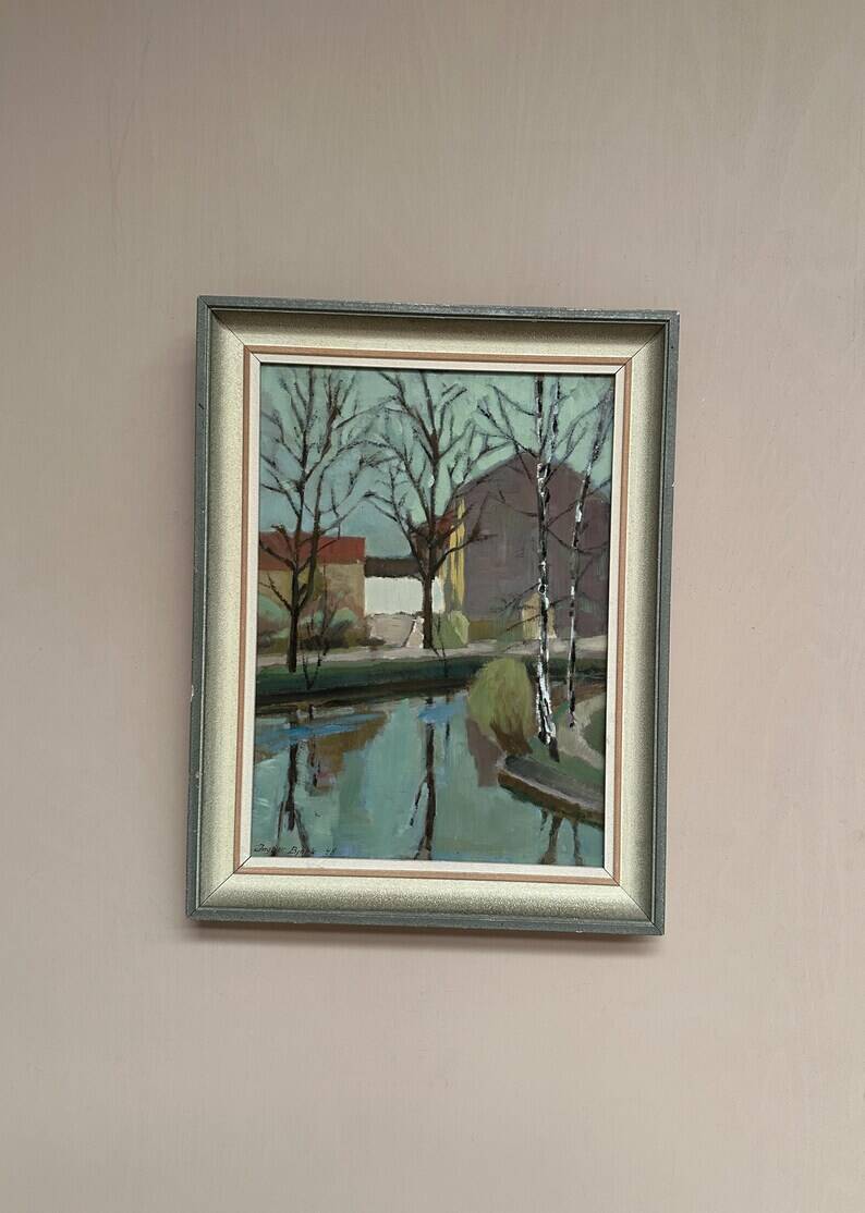 Original Swedish Oil on Canvas - "Landscape with Trees and Buildings" by Ingvar Björk - 1948 - Vintage - Framed - 62 × 48 cm (24.4" × 18.9")