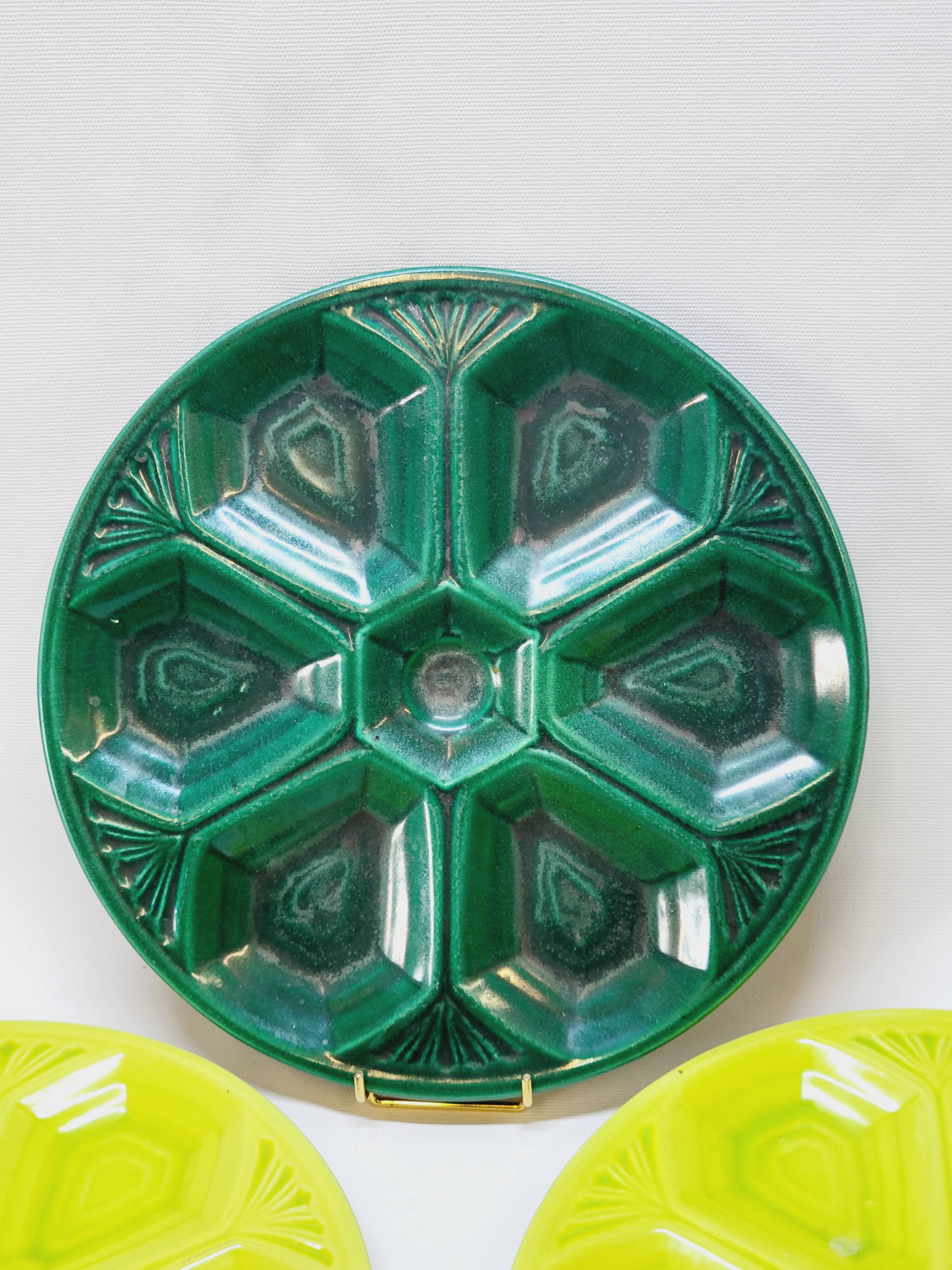 3 art deco oyster plates with green geometric decor