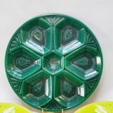 3 assiettes à huîtres art déco décor géométrique vert