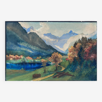 Watercolor Painting "Alpine landscape" with river and snow-capped mountains