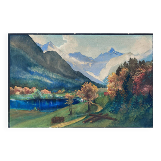Watercolor Painting "Alpine landscape" with river and snow-capped mountains