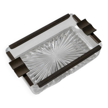 Transparent Crystal Glass Ashtray, Star-Shaped with Metal Trim, Art Deco 1930s Italy, Vintage Table Decoration
