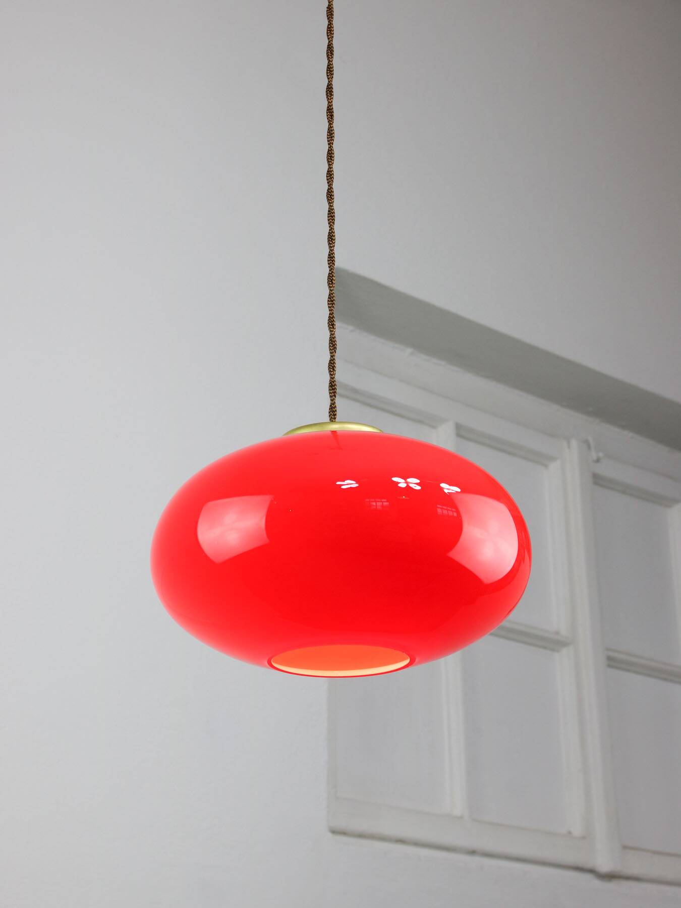 Mid-century Modern Italian Brass and Red Glass Pendant Lamp, 1960s