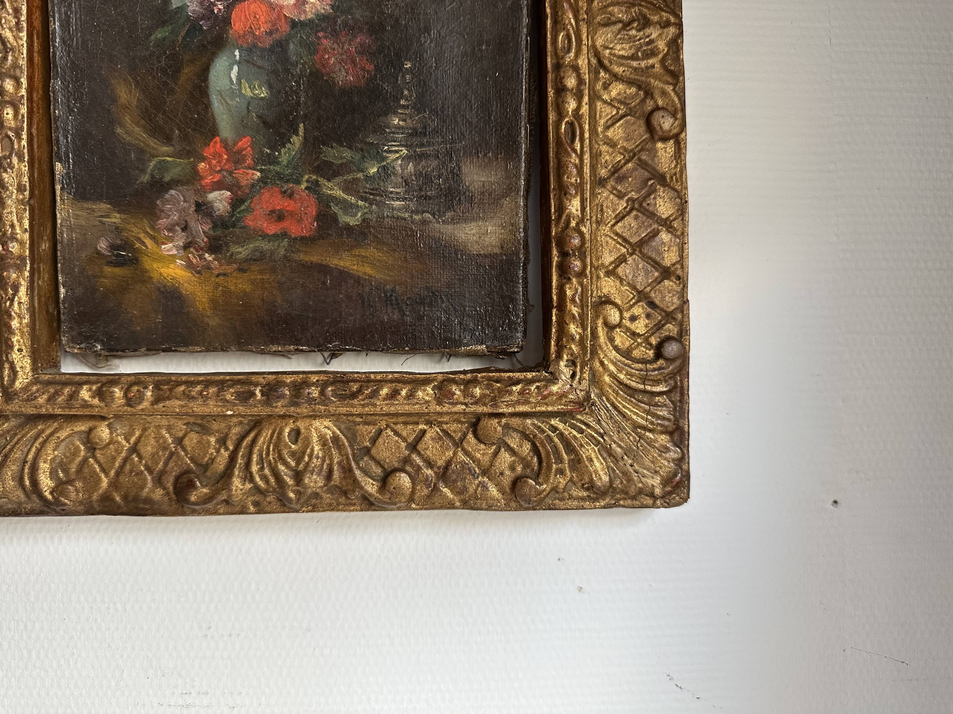 Tableau ancien fleurs signé avec cadre en bois et stuc doré, XIXe
