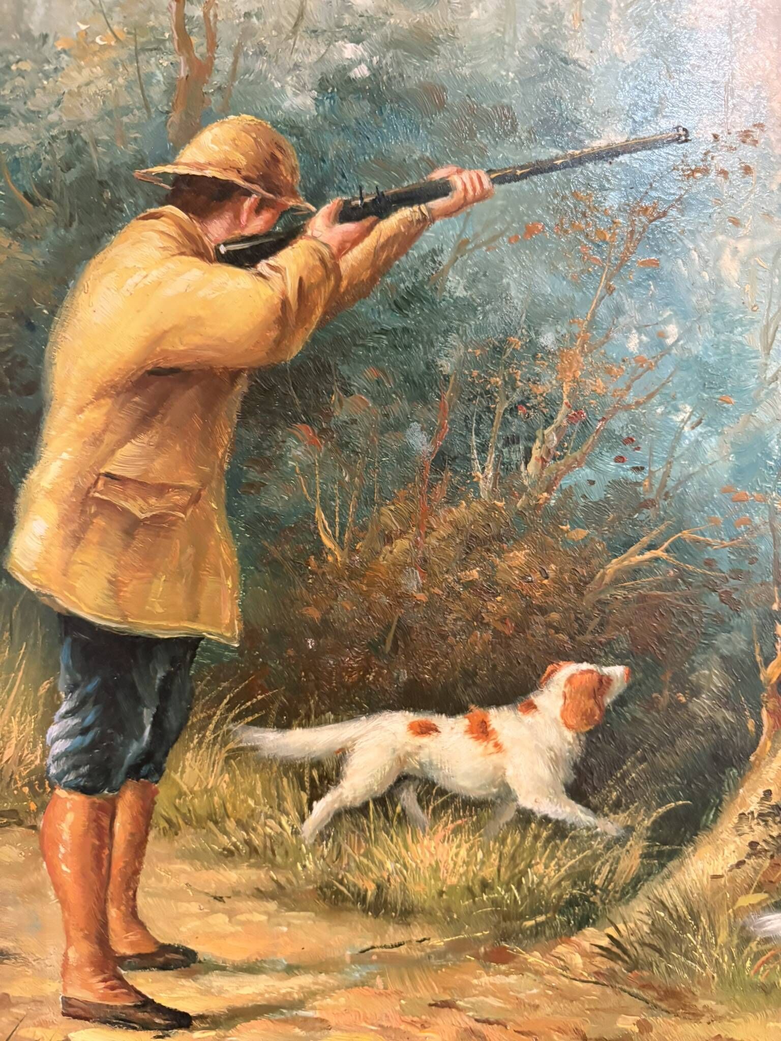 Tableau Peinture Huile Panneau HSP EDWARD WEBB Chasse Cour Chien Forêt
