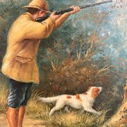 Tableau Peinture Huile Panneau HSP EDWARD WEBB Chasse Cour Chien Forêt