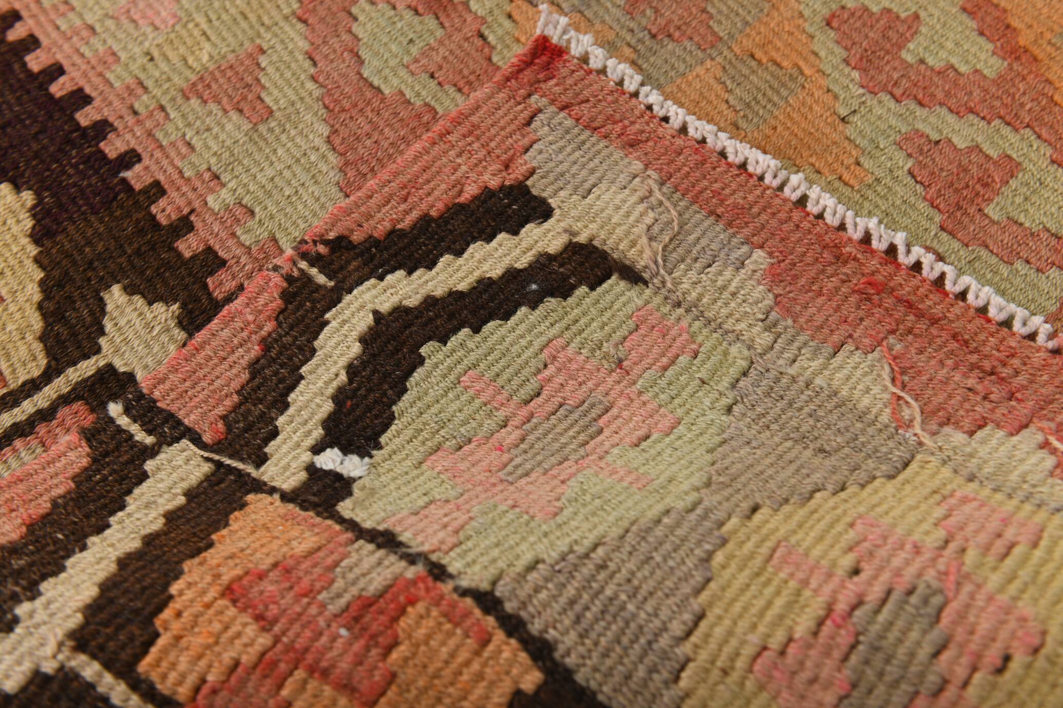 Turkish Vintage Kilim Rug: Shades Of Red Brown Handmade Wool Rug 160x417Cm