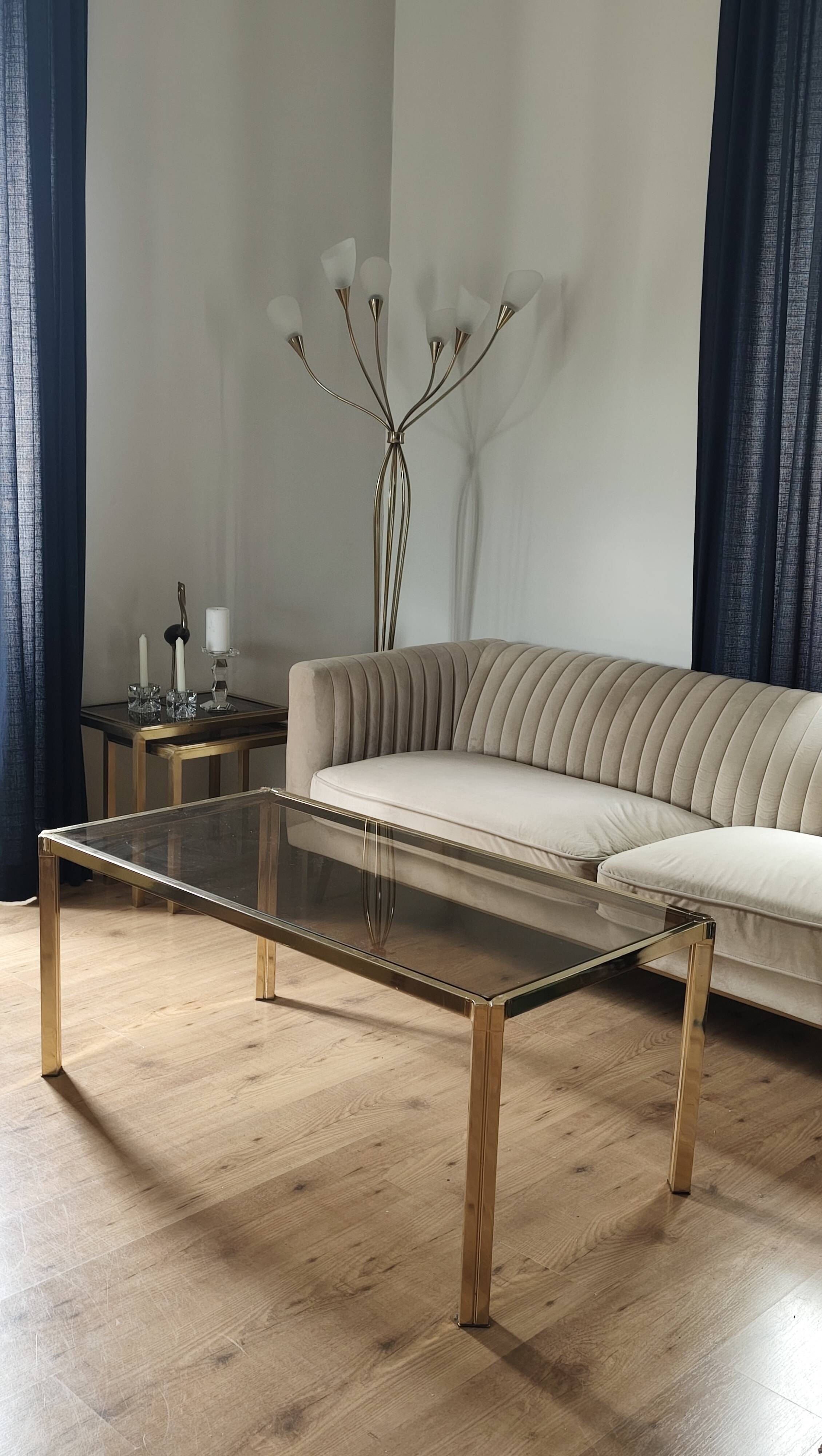 Brass coffee table with smoked glass top