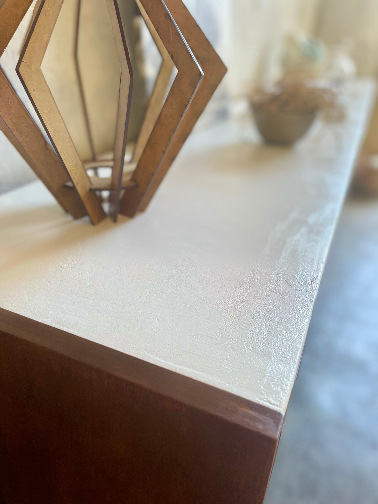Large vintage sideboard 248 cm – wood & white mineral concrete top –
