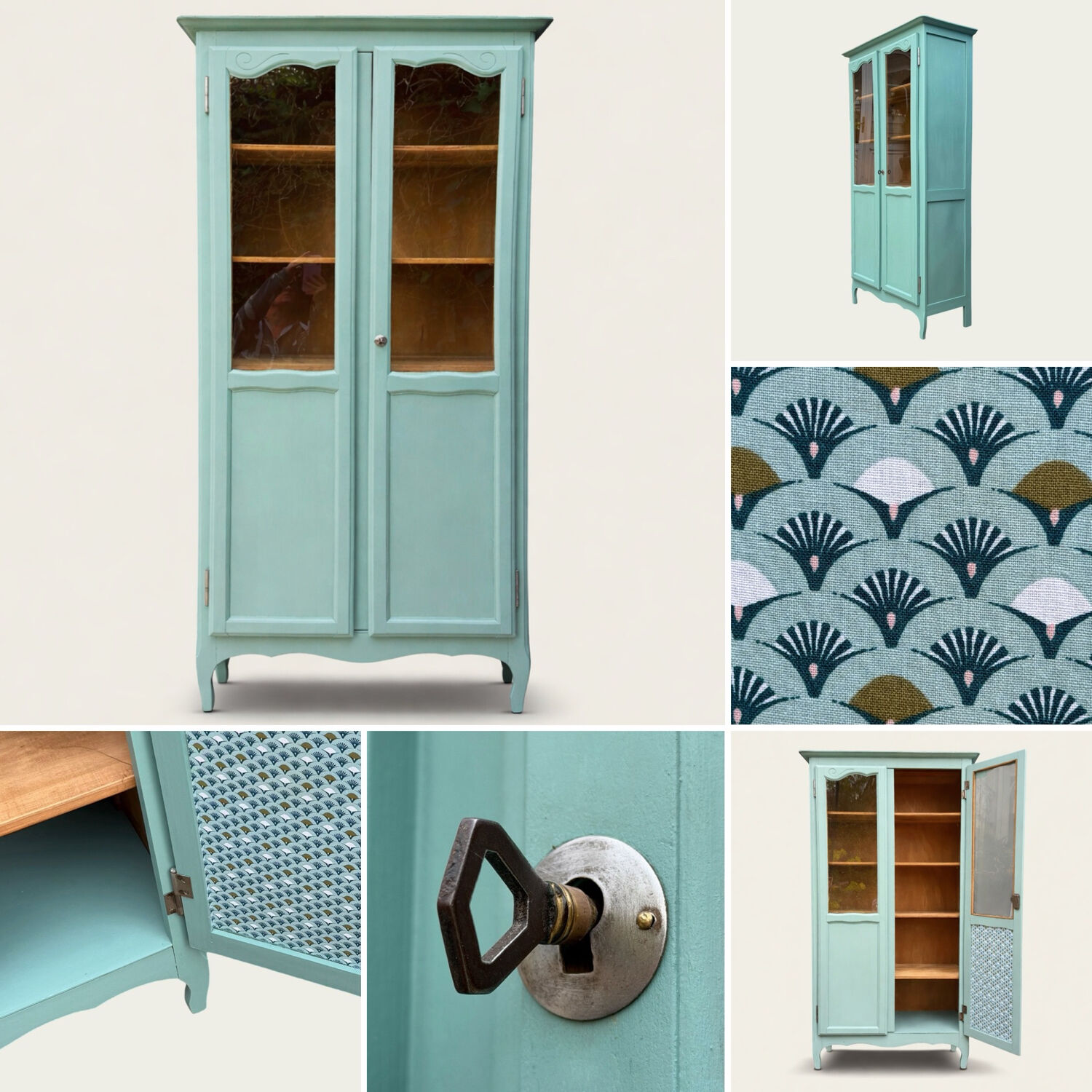 Vintage grey-green glass cabinet from the 1960s.