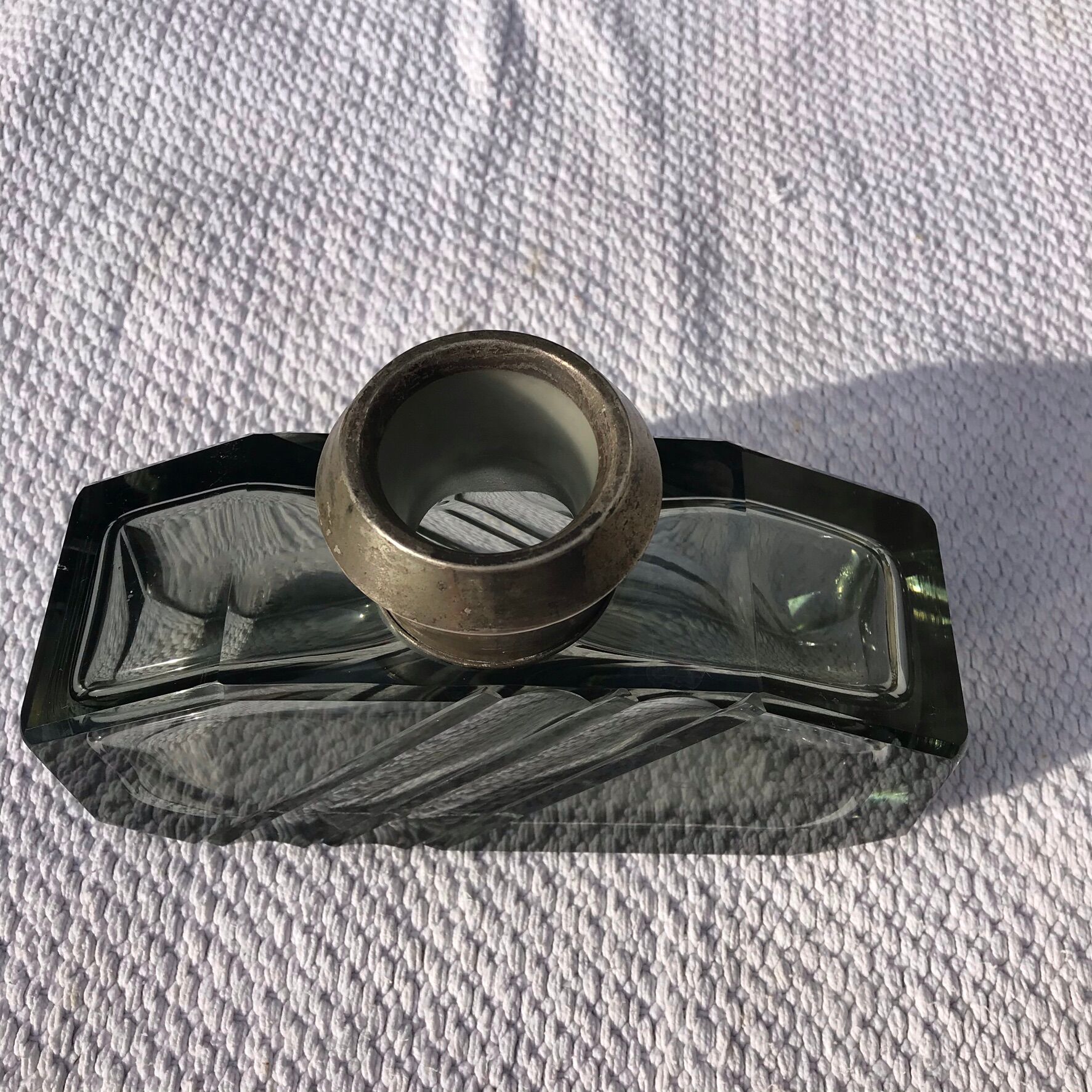 Art Deco smoked glass vase engraved silver metal collar