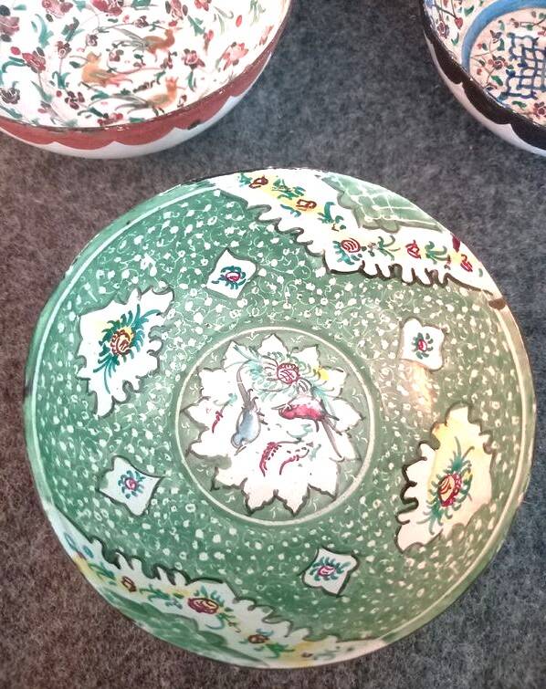 Set of 6 antique enameled copper bowls with Persian decoration